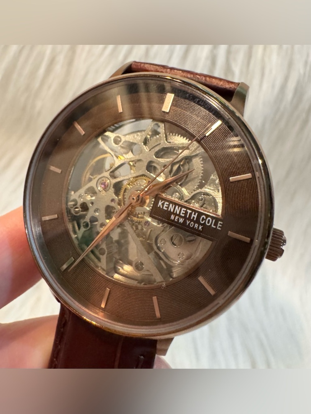 Kenneth Cole New York Men's Automatic Skeleton Dial Brown Leather Watch Box VGUC